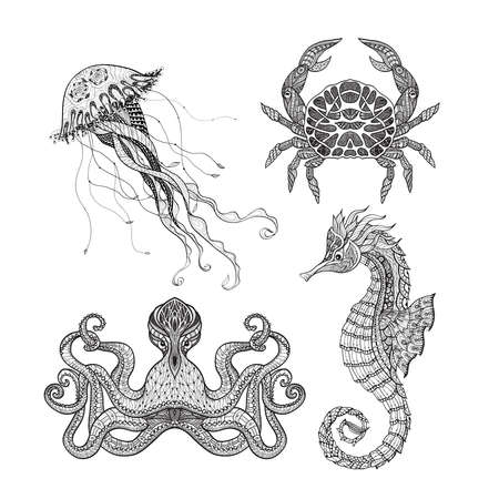 Sea animals seahorse octopus jellyfish and crab doodle icons set  black line design abstract vector isolated illustrationのイラスト素材