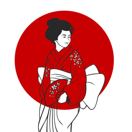 Japanese geisha in traditional clothing portrait with red sun circle on background vector illustrationのイラスト素材