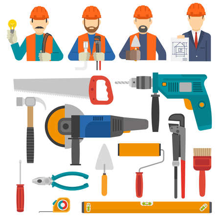 Construct icons flat set with engineer avatars and worker tools isolated vector illustrationのイラスト素材