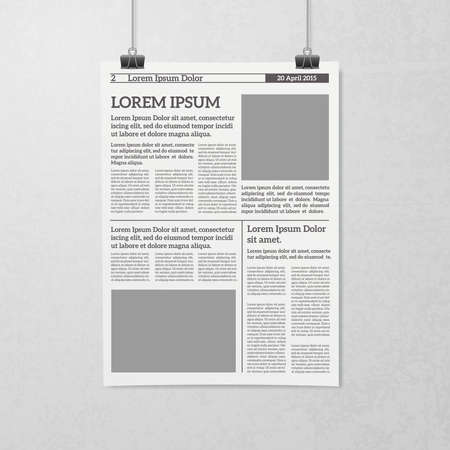 Newspaper sheet hanging on clips black and white minimalistic 3d realistic concept vector illustrationのイラスト素材