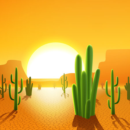 Cactus plants in mexican desert with rising sun on background vector illustrationのイラスト素材