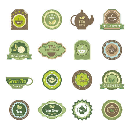 Ecological green and fermented black tea lemon flavor teabags premium brands labels set abstract isolated vector illustrationのイラスト素材