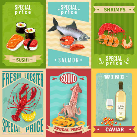 Premium quality fish and seafood mini poster set isolated vector illustrationのイラスト素材