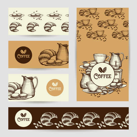 Decorative vintage coffee time cafe banners set and border with dark roasted beans abstract isolated vector illustrationのイラスト素材