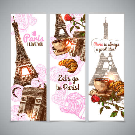 Paris vertical banners with sketch eiffel tower coffee cup and croissant isolated vector illustrationのイラスト素材