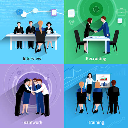 Human resources interview recruiting and teamwork training 4 flat icons square composition banner abstract  isolated vector illustrationのイラスト素材