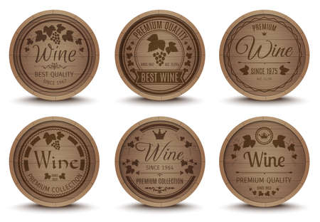 Wine oak barrels special collection labels emblems set for best quality premium product abstract isolated vector illustrationのイラスト素材