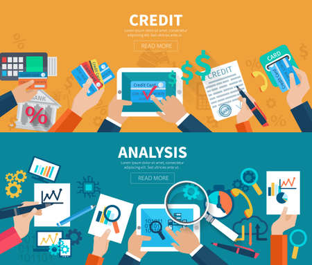 Credit and analysis horizontal banner set with hands holding business objects isolated vector illustrationのイラスト素材