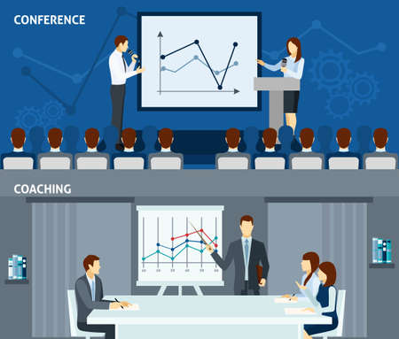 Public speaking skills improvement for business people 2 flat horizontal banners composition poster abstract isolated vector illustrationのイラスト素材