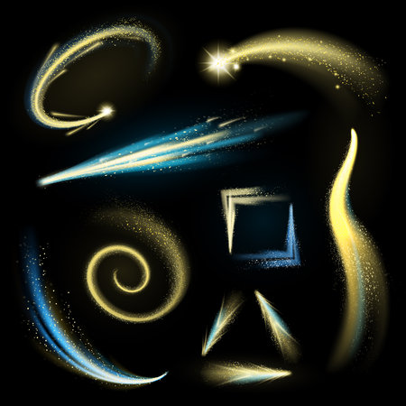 Gold glittering elements set with shining strokes and comets isolated vector illustrationのイラスト素材