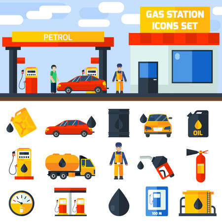 Gas petroleum diesel fuel service station banner and icons set composition poster flat abstract isolated vector illustrationのイラスト素材
