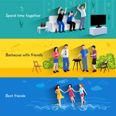Spending free time together barbecuing with best friends 3 flat horizontal banners set abstract isolated vector illustrationのイラスト素材