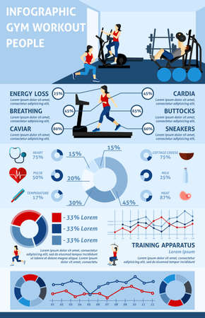 Gym workout infographics set with people doing sports and charts vector illustrationのイラスト素材