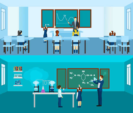 Teacher horizontal banner set with pupils in classroom isolated vector illustrationのイラスト素材