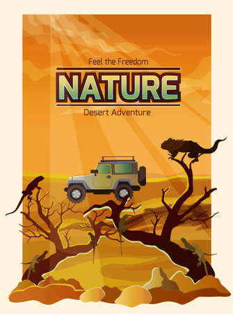 Desert landscape backround with dry plants and car on background vector illustrationのイラスト素材