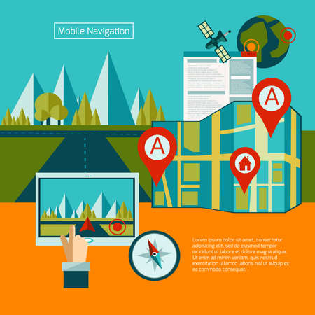 GPS navigation concept with flat map and route search elements vector illustrationのイラスト素材