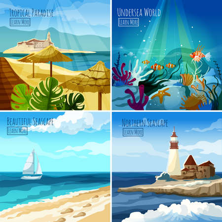 Seascape design concept set with tropical paradise and undersea world icons isolated vector illustrationのイラスト素材