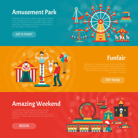 Funfair horizontal banner set with amusement park elements isolated vector illustrationのイラスト素材