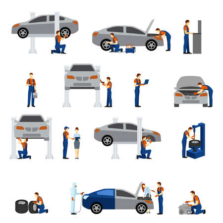 Mechanic flat icons set with working man silhouettes isolated vector illustrationのイラスト素材