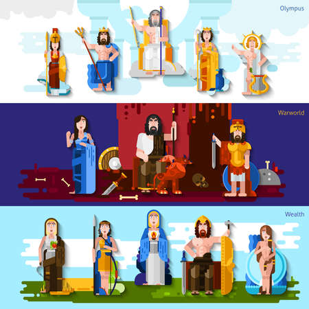 Three horizontal banners with cartoon figurines of mythological  gods symbolizing the favor and protection flat vector illustrationのイラスト素材