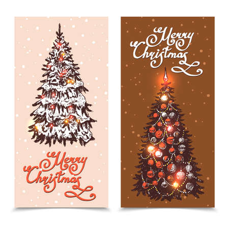 Christmas tree hand drawn vertical banner set isolated vector illustrationのイラスト素材