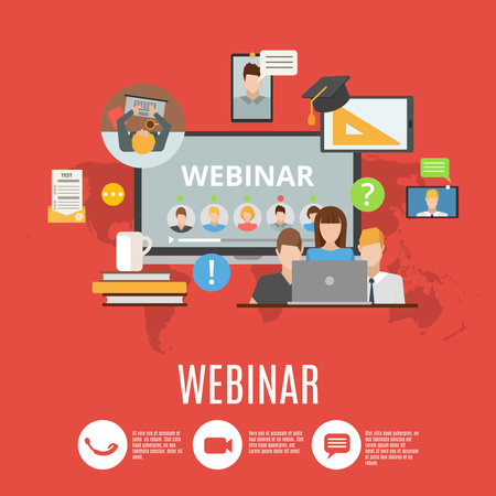 Webinar flat design concept with icons of online information exchange and corporate conference flat vector illustrationのイラスト素材
