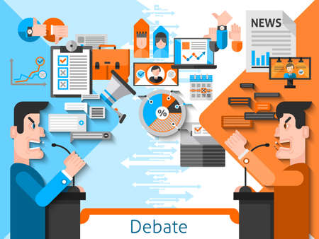 Elections and voting flat color composition with public debates of candidates in foreground and media icons in background vector illustrationのイラスト素材