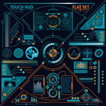 Touch HUD flat set with diagrams and charts on black background isolated vector illustration