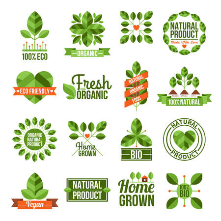 Labels and emblems flat set of organic and natural products isolated vector illustrationのイラスト素材