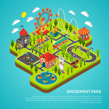 Amusement park fairground with big ferris observation wheel and bumper cars attractions isometric colorful banner vector illustrationのイラスト素材