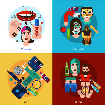 Set of 2x2 images with piercing body art tools and tattoo elements flat vector illustrationのイラスト素材