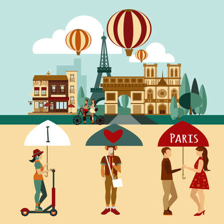 Paris touristic set with famous landmarks and tourist people vector illustrationのイラスト素材