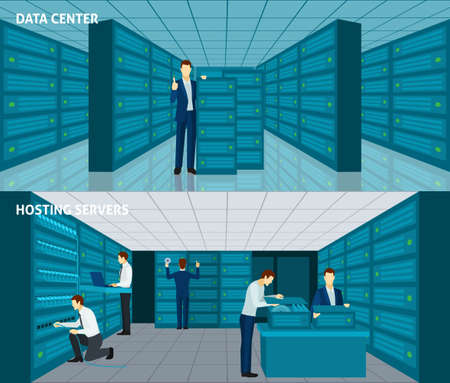 Datacenter horizontal banner set with hosting servers elements isolated vector illustrationのイラスト素材