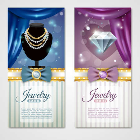 Jewelry card realistic vertical banners set with bow tie and curtains isolated vector illustrationのイラスト素材