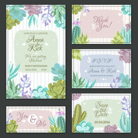 Wedding cards set with a cactus design flat isolated vector illustrationのイラスト素材
