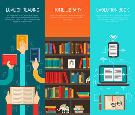 Home library evolution with e-books online reading 3 flat long hands vertical banners set isolated vector illustrationのイラスト素材