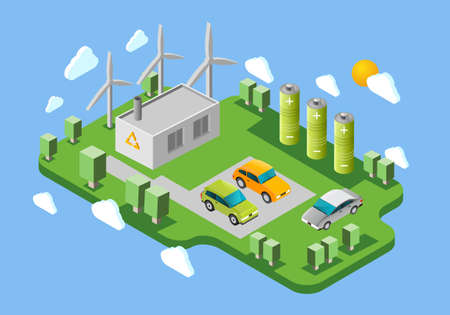 Electric cars public charging station isometric banner with green energy facilities and battery swaps abstract vector illustrationのイラスト素材