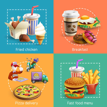 Fast food restaurant breakfast menu with pizza delivery service 4  icons square composition banner cartoon vector illustrationのイラスト素材