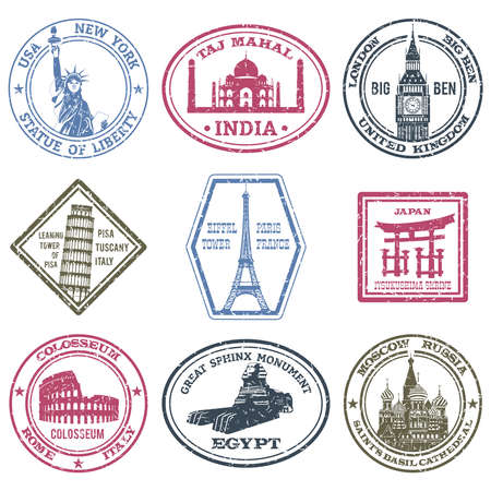 Monuments and world landmarks postal stamps set isolated vector illustrationのイラスト素材