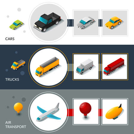 Isometric transport banners set with cars trucks and air transport isolated vector illustrationのイラスト素材