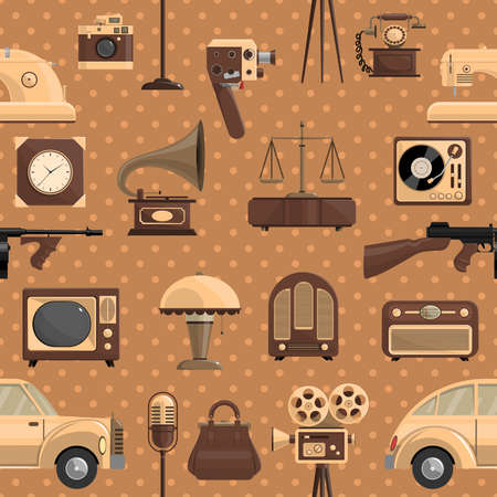 Retro seamless pattern with car lamp and bag flat vector illustrationのイラスト素材