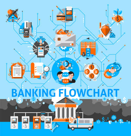 Banking system flowchart with flat financial icons set vector illustrationのイラスト素材