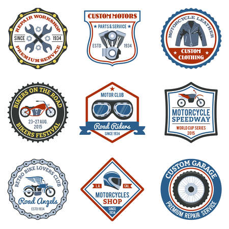 Motorcycle label colored set with transport clothing and workshop symbols isolated vector illustrationのイラスト素材