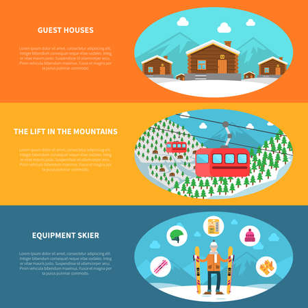 Winter sport horizontal banner set with skier equipment and mountain houses flat vector illustrationのイラスト素材