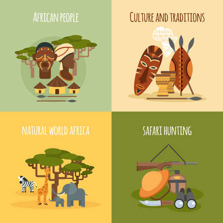 African world people traditions and safari hunting 4 flat icons square composition banner abstract isolated vector illustrationのイラスト素材