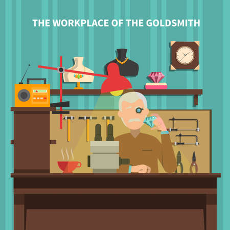 Workplace of goldsmith with jewels room furniture and equipment flat vector illustrationのイラスト素材