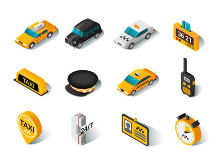 Modern urban yellow hired taxi car accessories and driver hat isometric icons collection  abstract isolated vector illustrationのイラスト素材