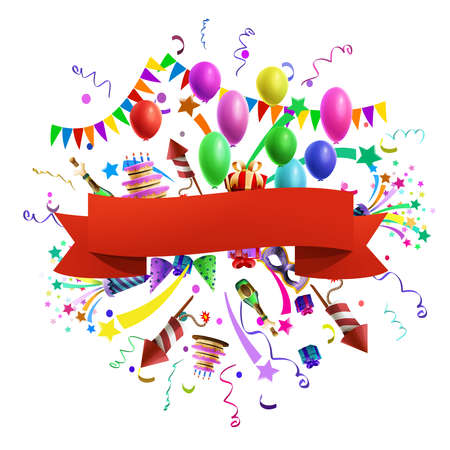 Celebration composition template with red ribbon and balloons decoration on background vector illustrationのイラスト素材