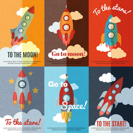 Go to moon  6 flat banners composition poster with funny rocket in space abstract isolated vector illustrationのイラスト素材