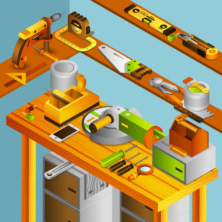 Workshop concept with isometric handyman tools on wooden table vector illustrationのイラスト素材